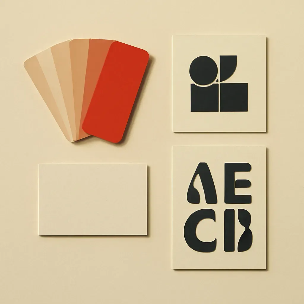 Overhead flat lay of a brand identity kit: colour swatches, an abstract mark study, and a type-specimen strip arranged on warm paper with one vermilion accent card.