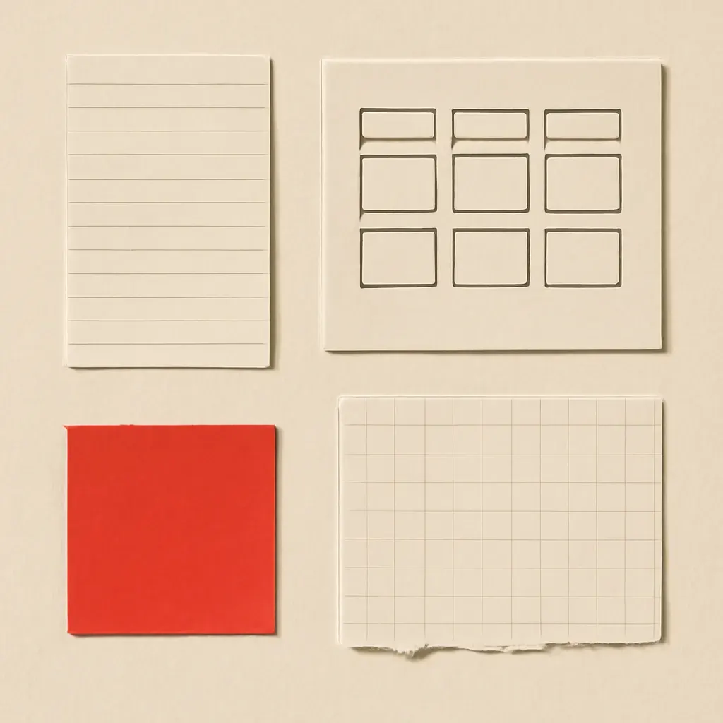 Overhead flat lay of a business operating system rendered in paper form: a ruled ledger, a three-column kanban card layout, and a calendar grid, with one vermilion accent card.