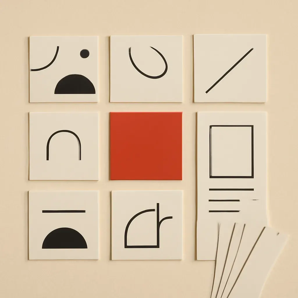 Overhead flat lay of a social media template system: a 3x3 grid of abstract feed cards, a story-format card, and a carousel fan, on warm paper with one vermilion accent.