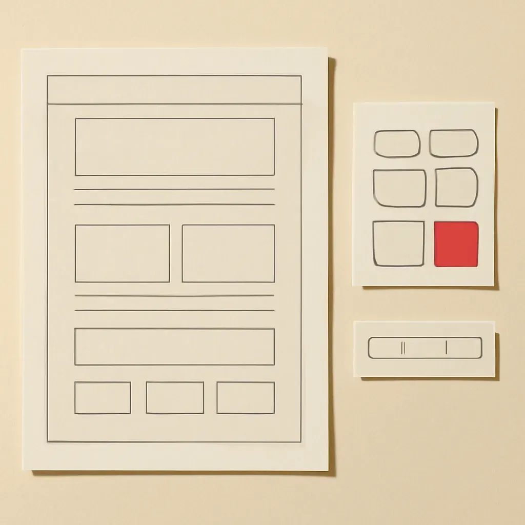 Overhead flat lay of a UI design system rendered in paper form: a wireframe grid sheet, a row of component swatches, and a section-block strip, with one vermilion accent.