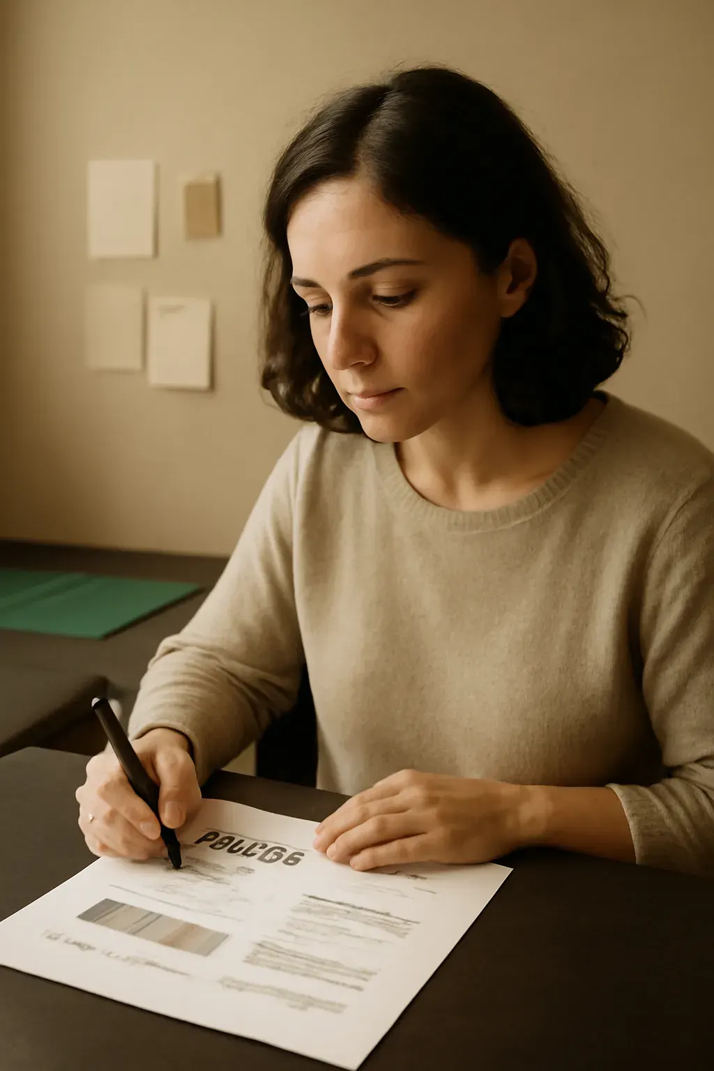A studio designer working at a warm-lit desk, attention on a printed colour-swatch spec sheet, photographed candidly from a three-quarter angle.