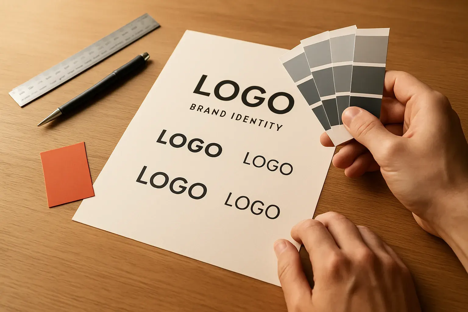 A designer's hands arranging a printed brand identity spec sheet — colour swatches, a logo-variant proof, and a ruler — on a warm wood studio desk in natural light, with clear space at left for the page headline.