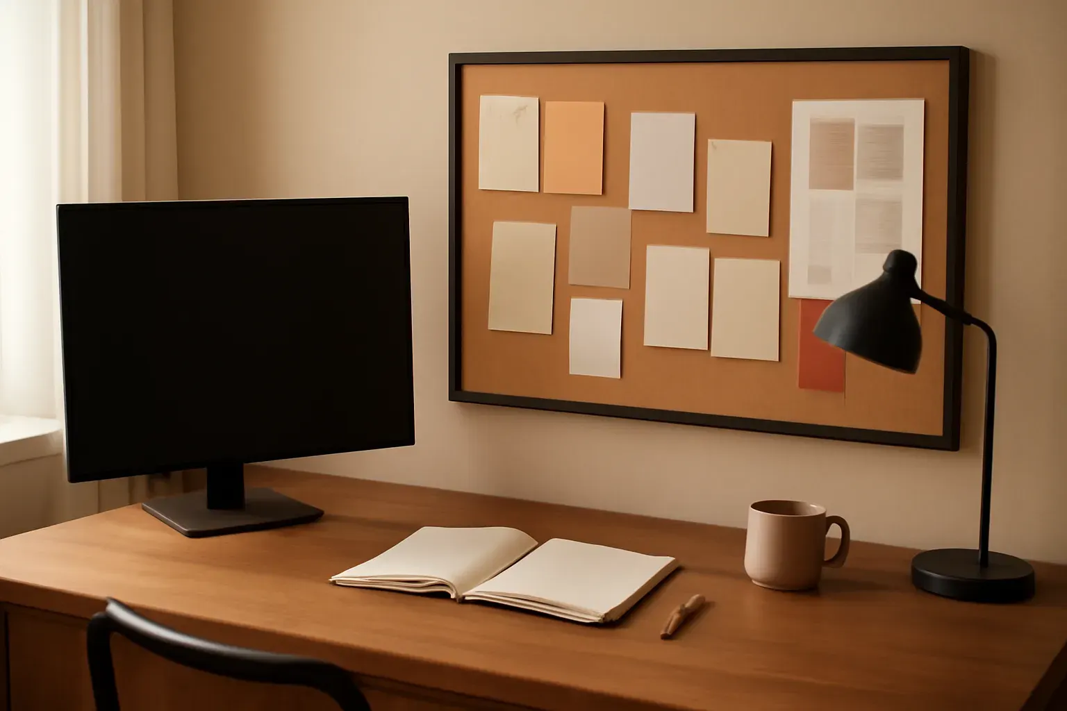 A small design studio workspace with natural daylight, a pin board of paper swatches and proof sheets, and warm wood surfaces — the real place behind the studio's work.