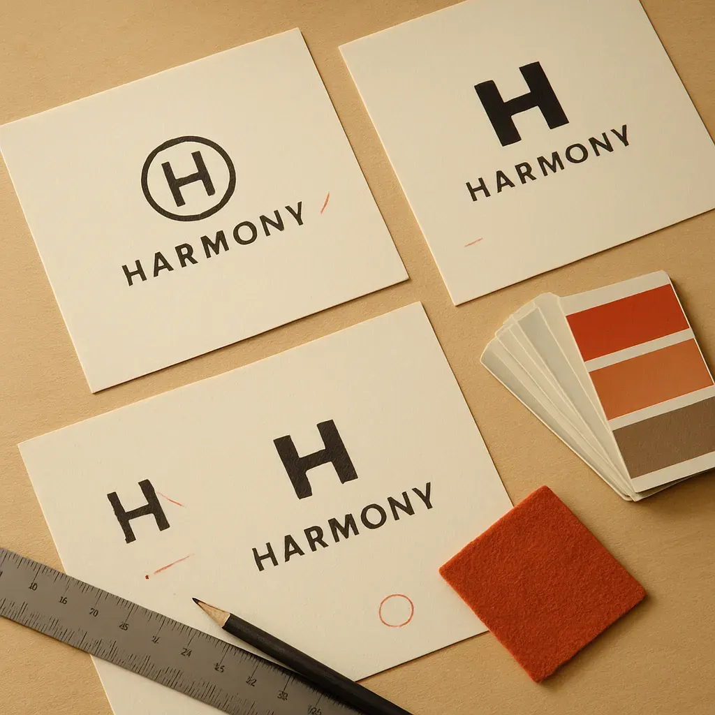 An in-progress brand identity review on a studio desk: annotated logo-variant proofs, colour swatches, and a ruler, with vermilion pen marks and one accent swatch.