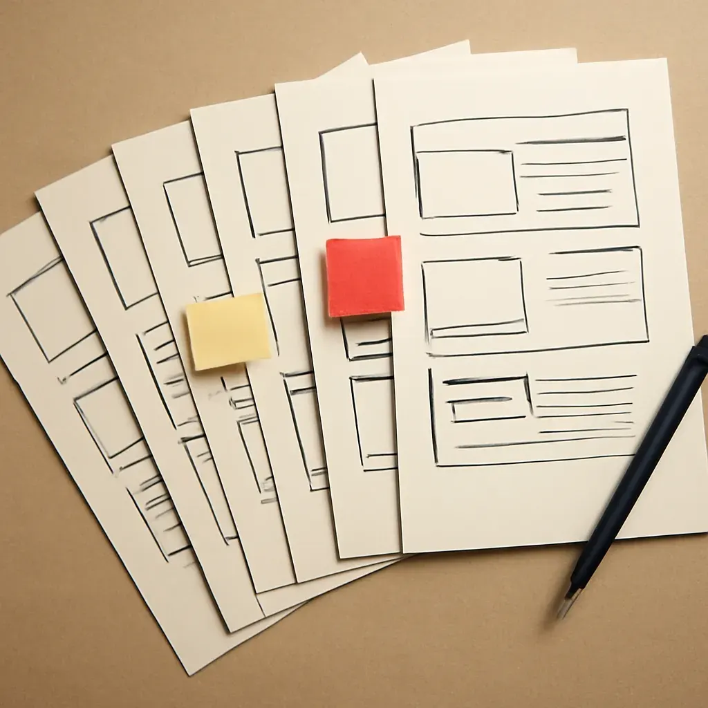 A fanned sequence of printed slide-layout sheets on a studio desk, marked with structural sticky notes and one vermilion note flagging the pitch's key beat.