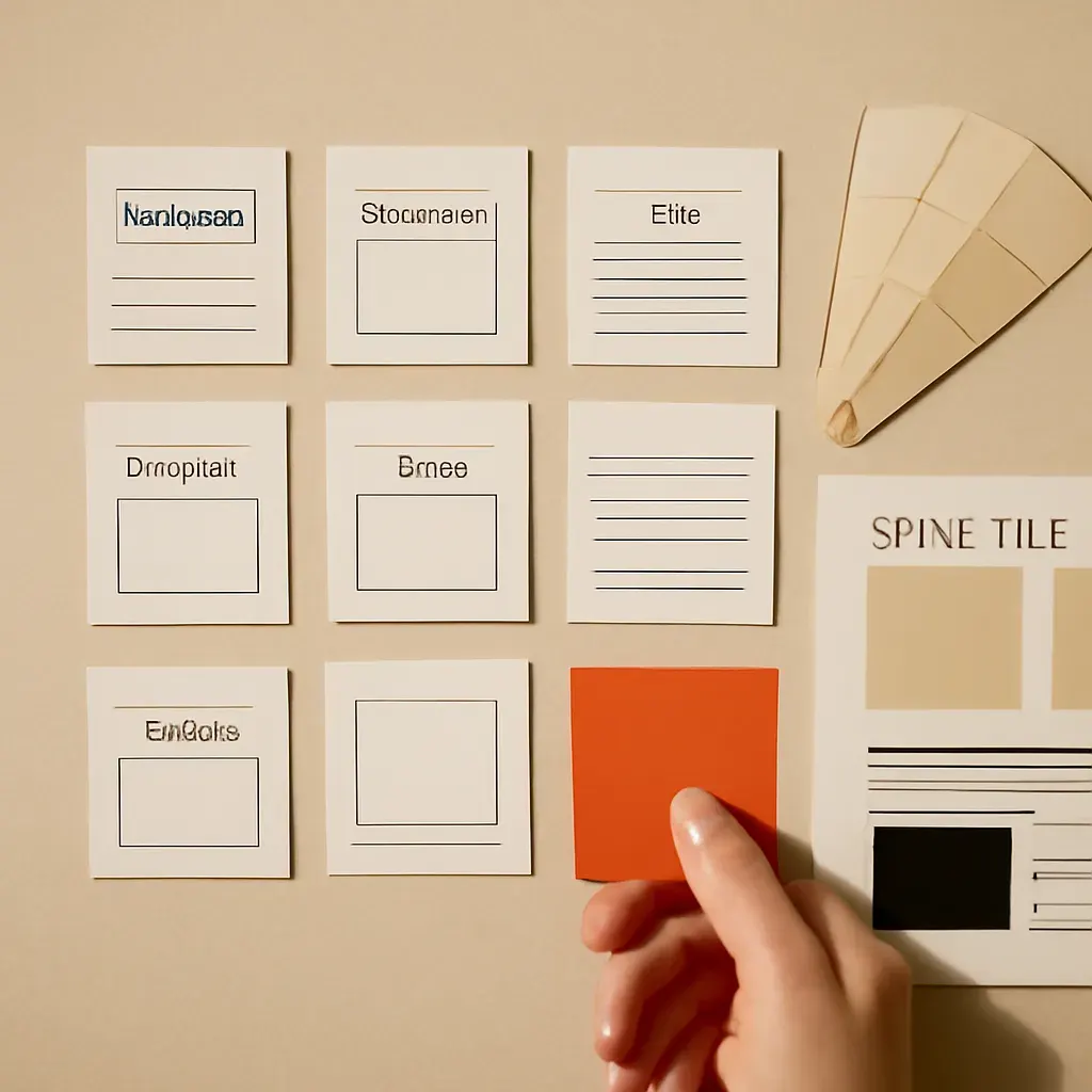 A hand arranging printed social-template proof cards into a sequence, matching a colour-swatch fan against a style-tile sheet, with one deliberate vermilion match.