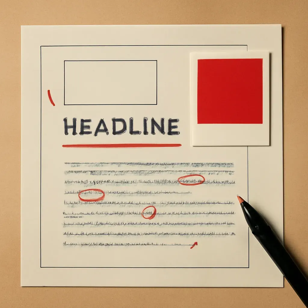A printed template layout sheet mid-edit, with precise vermilion redline corrections and a brand colour swatch held against it for comparison.