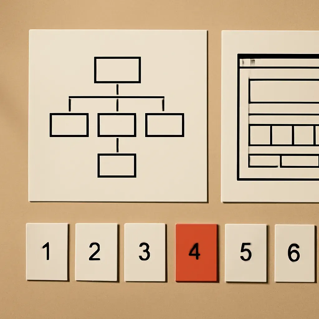 Overhead flat lay of a website-planning session: a printed sitemap tree, a page wireframe sheet, and numbered build-sequence cards, with one vermilion accent card.