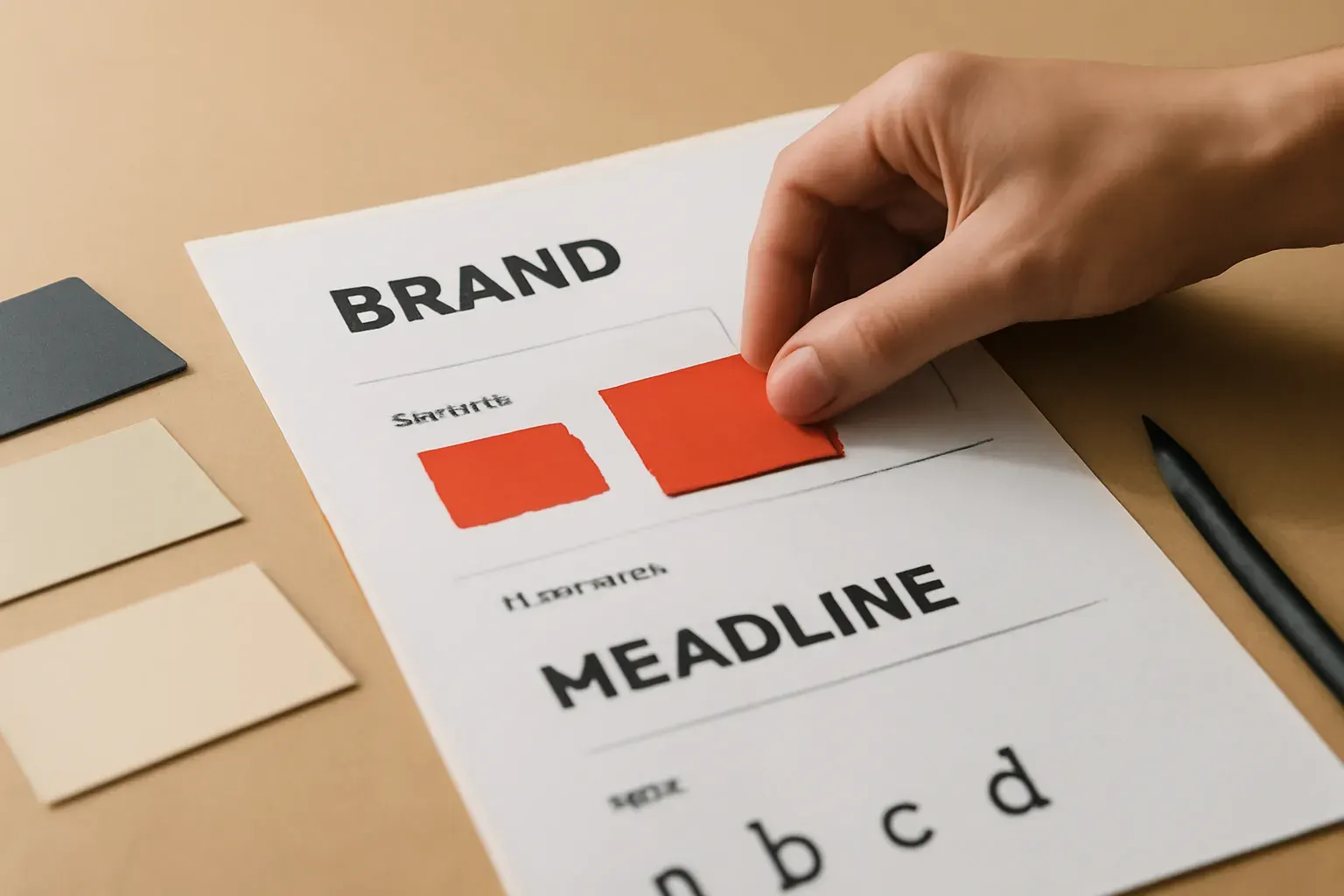 A hand precisely placing a vermilion colour-swatch card onto a laid-out brand spec sheet on a studio desk, mid-process, in natural light.