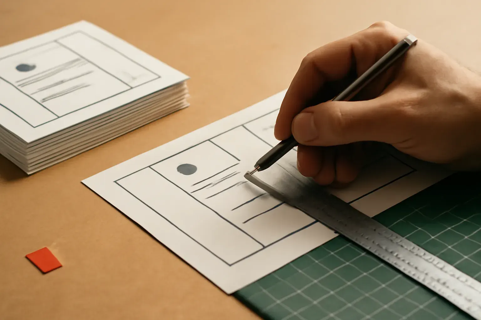 A hand trimming a printed template sheet along a ruled line with a craft knife and ruler, beside neatly stacked finished proofs, on a studio desk in natural light.